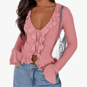 Chic Ruffle V-Neck Blouse in Pink